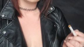 Smoking in leather topless feeding you my ash on a lead
