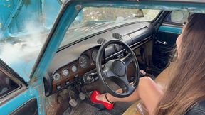 Nastya revs her VAZ hard wearing black boots and red pumps 4K