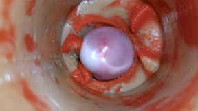 The camera inside the deep pussy records a huge ejaculation with a stuck condom 4k