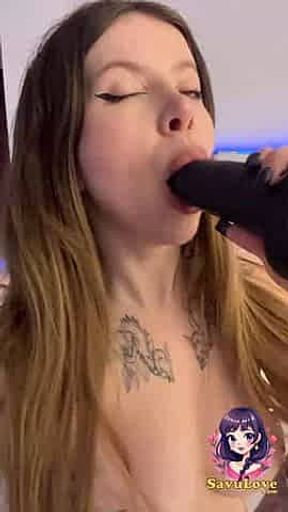 Beauty fellates and gives a closeup blowjob, fake penis tucked and pounds painted - hottest XXX porn!