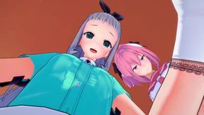 Astolfo and Hideri spit roast femboy ass till cum gushes POV