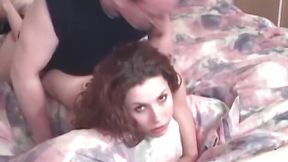 Curly haired babe seduces daddy and moans from his cock