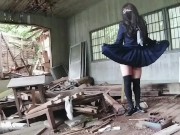 廃墟でパンティーを脱いで淫らな野外露出する女装高校生。