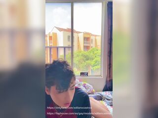 Shaved twink sucks his str8 ramrod and bangs his booty when his family is not at home