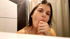 Tiny cute giving a sloppy blowjob in the shower! Gagging/deepthroat!