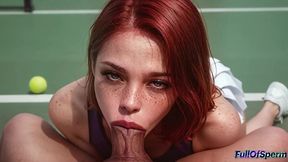 my redheaded girlfriend asked me to play tennis with her, but her skirt was too short, so i decided to fill her tight pussy with cum [ai]