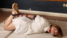 Ballgagged barefoot blonde Amanda in white mens shirt, hogtied with her elbows tightly bound together, is tickled by the man (HD MOV)