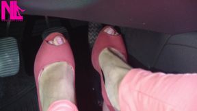 Barefoot Driving and Revving in Vivid Pink High Heeled Sandals
