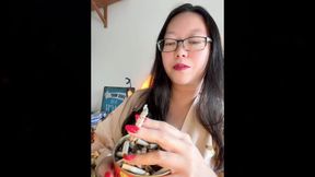 Exotic Smoking Asian: Red Nails, Red Lips Smoking Harlot Spills & Rubs Ash on Breasts