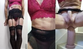 CD in Stockings and Panties Attempts First Time with Extreme Dildo