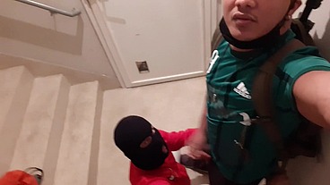 Masked Closeted Guy Sucks Bahian’s Big Cock on Fire Escape