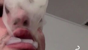 Tattooed skinny dude smoking and shooting cum on the floor