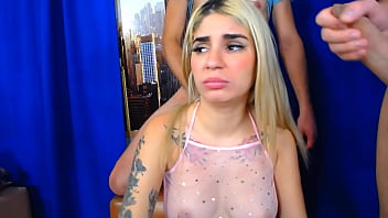 This is her first time giving blowjobs to 3 friends - HORNY BLONDE
