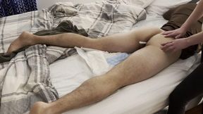 Step mommy spanks and plugs diaper boy for faking sick