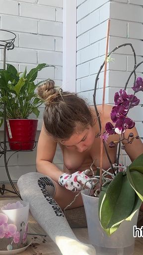 A Naked Gardener Plants Flowers and Pleases the Neighbors with Her Appearance