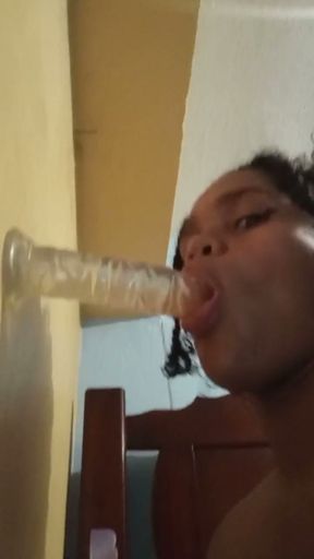 Super slimy dildo blowjob with a lot of saliva   Clip 2