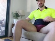 Construction worker takes off pants on couch revealing big cut cock and sniffs dirty underwear