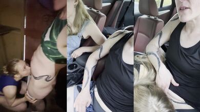 Lesbian couple fucking in the car after beach changing room tease