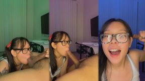 hot nerdy asian giving handjob and blowjob for extra credit HUGE CUMSHOT FACIAL
