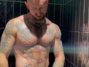 tatted muscle man Troy Daniels jacking off in the shower
