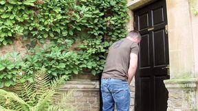 Sexy redhead in fishnets gets hard doggy style fuck in a lavatory outdoors