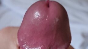 Close-up pov edging hard cock with ring and massive mushroom head