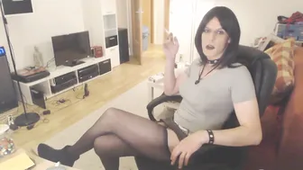Solo twink crossdresser smoking on webcam