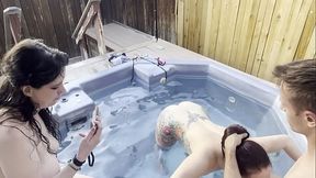 DICKFLASH cleaner and 2 girls hot tub adventure(2/4) FFM Cleaner helps two girls clean their pipes and cums on their faces