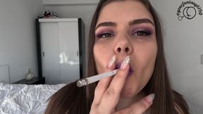 Smoking and Vaping with Purple Shiny Lipstick