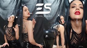 Smoking cat in pvc and high heels