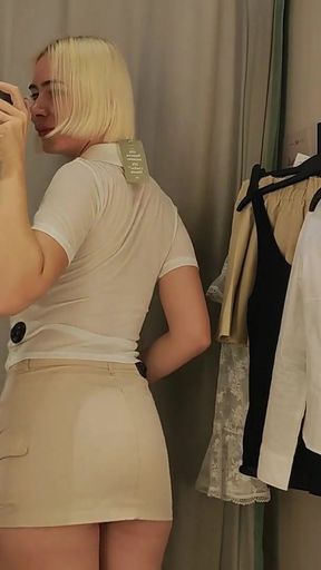 Unforgettable moment from &quot;Sexy blonde tries on a teacher&#039;s uniform. Sexy clothes fitting Hot babe tries on sexy clothes&quot;