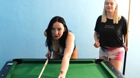 Big tits lesbian couple friendly strip pool game