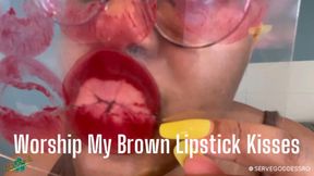 Worship My Brown Lipstick Kisses - Royal Ro ebony lips mouth fetish closeup plexiglass kisses