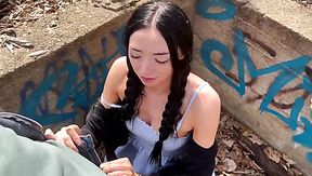 Slim Brunette Girl With Braids Bends Over Backwards To Suck Off Cum From a Thick Dick On Her Tongue