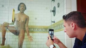 Brother spies on his ebny step-sister in the shower and Jerks Off his cock hard