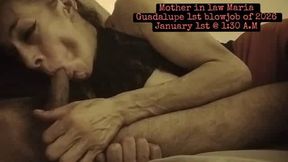 Mature sluty mother in law with big saggy titties sucking her real son in law Big cock on new year