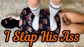 I TRAMPLE THE SLAVE'S BODY WITH MY FEET IN WHITE SOCKS AND SPANK HIS ASS 4K