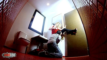 Shagging a hairy naughty milf in a buddy's toilet