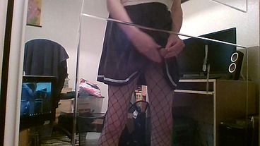 Cross-dress masturbation in front of mirror