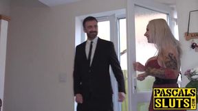 Hardfucked Brit MILF with massive boobs gets fed with jizz