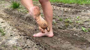 Barefoot in mud, dirty feet, girl in mud, messy soles, dirty soles, messy feet, girl walking in mud barefoot
