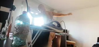 Amateur wife doing housework naked. Sexy and naughty wife trying on the clothes she cuts.