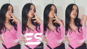 Smoking in a pink velour tracksuit