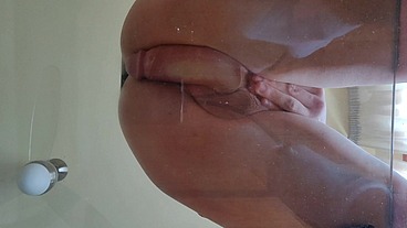 Femboy cumshot on the glass anal masturbation