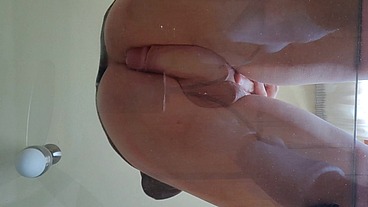 Femboy cumshot on the glass anal masturbation