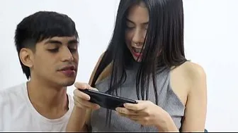 I play Free Fire with my stepsister and she gets turned on, it feels so good to fuck my beautiful, slim stepsister while we play - Spanish porn