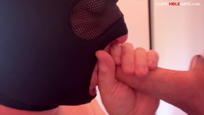 Locked Cock at the Hole - He Cums on a Cookie and Makes Me Eat It