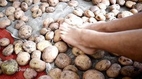 Touching delicious potatoes with the feet