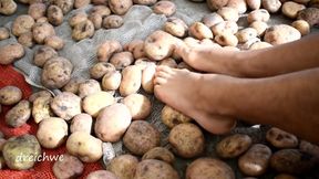 Touching delicious potatoes with the feet