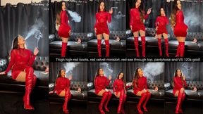 Thigh high red boots, red velvet miniskirt, red see through top, pantyhose and VS 120s gold!